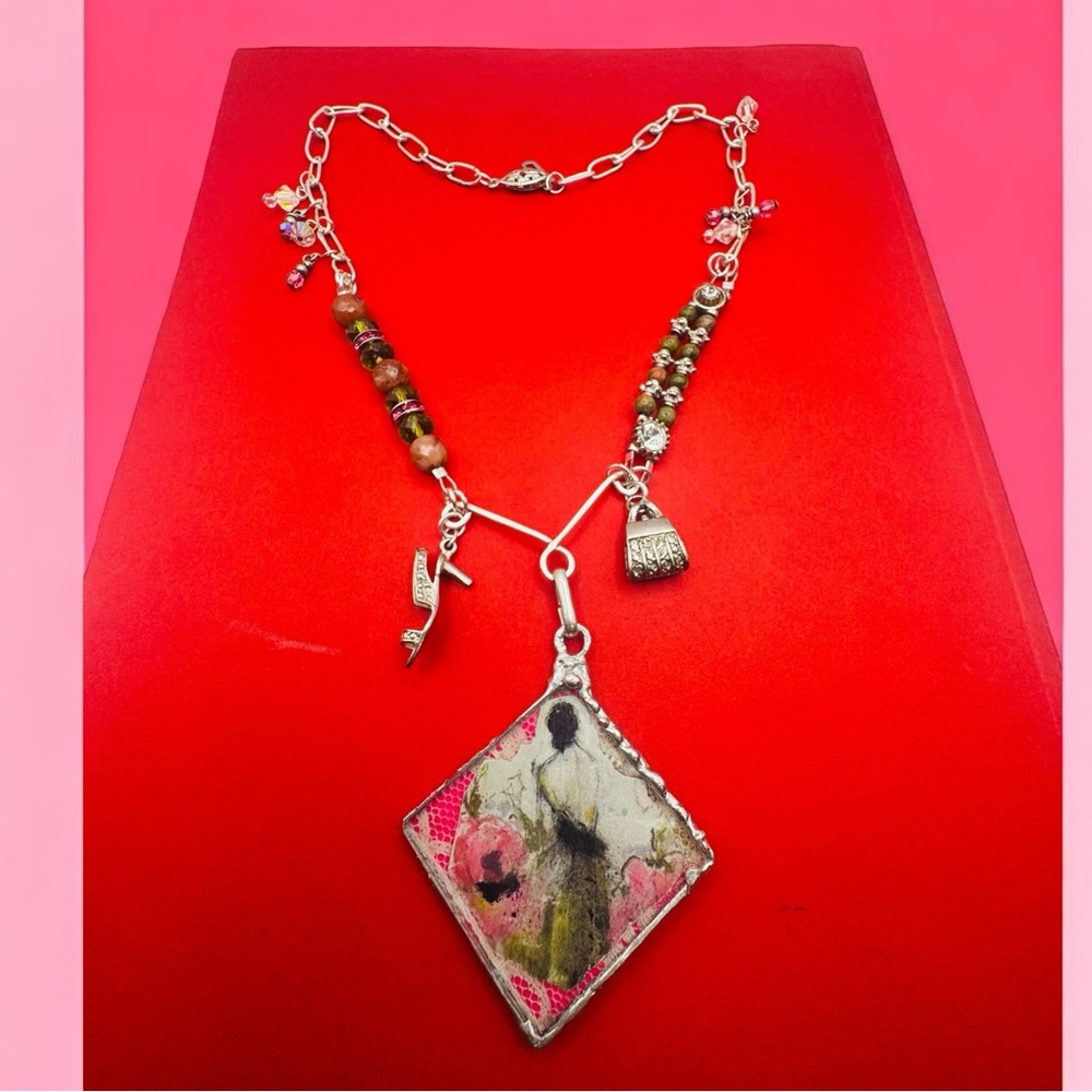 Handcrafted Silver & Glass Pendant with Unakite & Pink Jasper Silver Necklace - Picture 9 of 17
